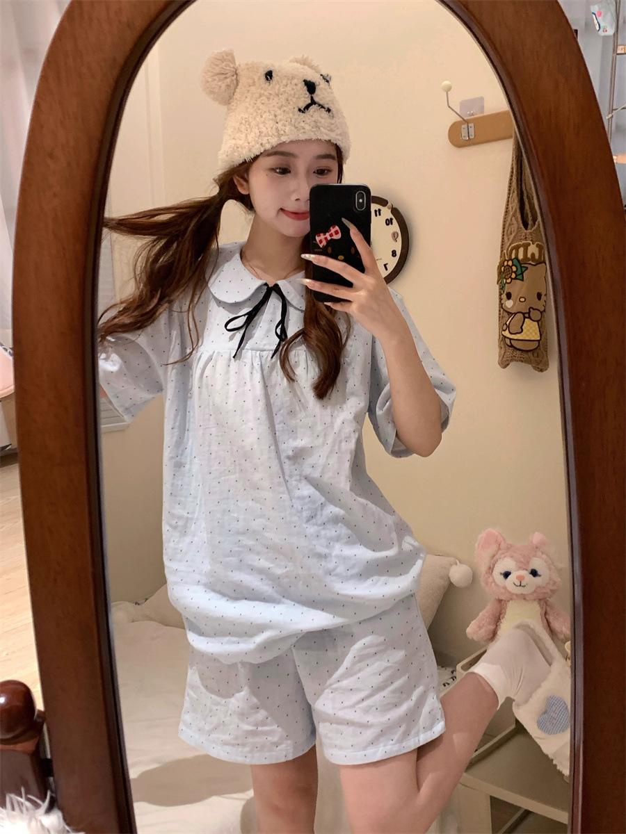 Blue polka dot cute pajamas women s summer doll collar short-sleeved shorts set student dormitory loungewear two-piece set S