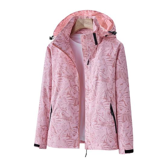 Women Jacket Stand Collar Detachable Hood Long Sleeve Casual Coat with Pockets Maple Leaves Print Zipper Placket Outwear