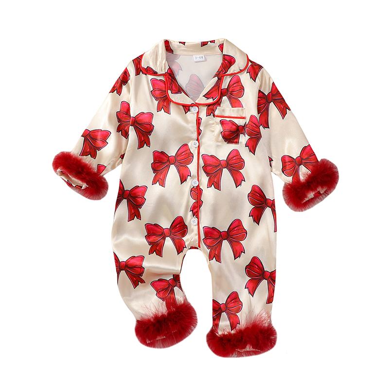

Baby Girls Pajamas Long Sleeve Bow Print Furry Patchwork Button Closure Jumpsuit Sleepwear Loungewear 0-3M красный