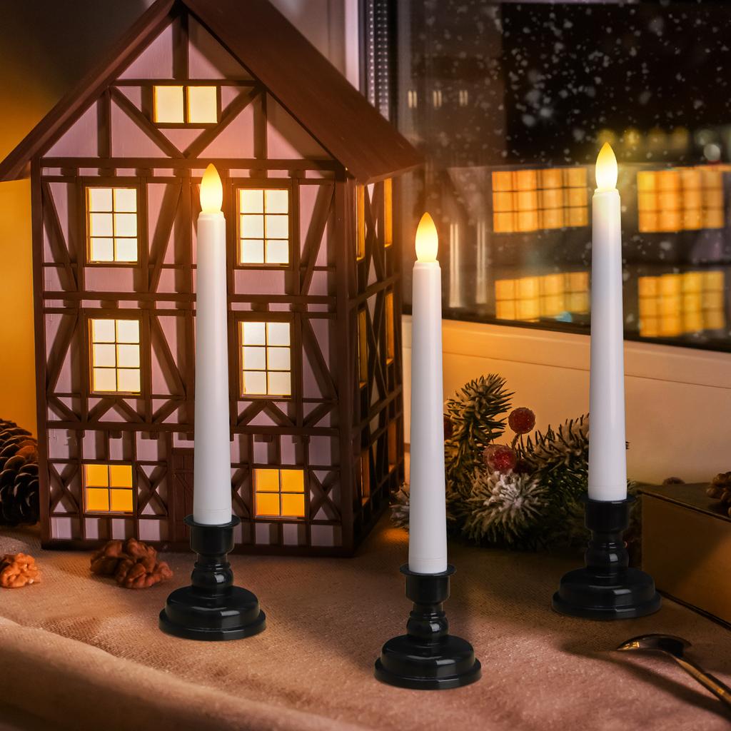 LED Kerze mit zeitgesteuerter Fernbedienung und Kerzenständer, flammende, flackernde Fensterkerze, Weihnachtsdeko, Kerzenlampe