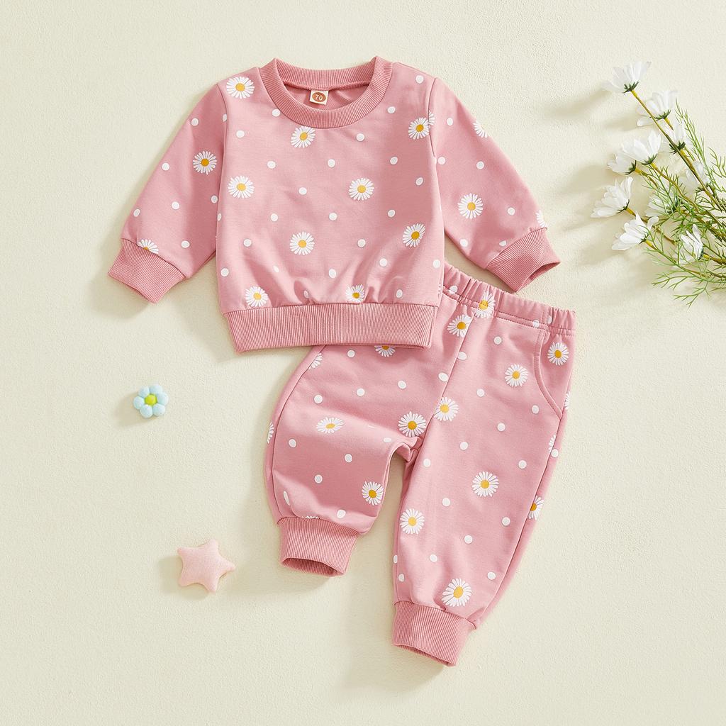 Baby Girls 2-piece Outfit Flower Print Long Sleeve Crew Neck Sweatshirt with Elastic Waist Sweatpants Fall Clothes