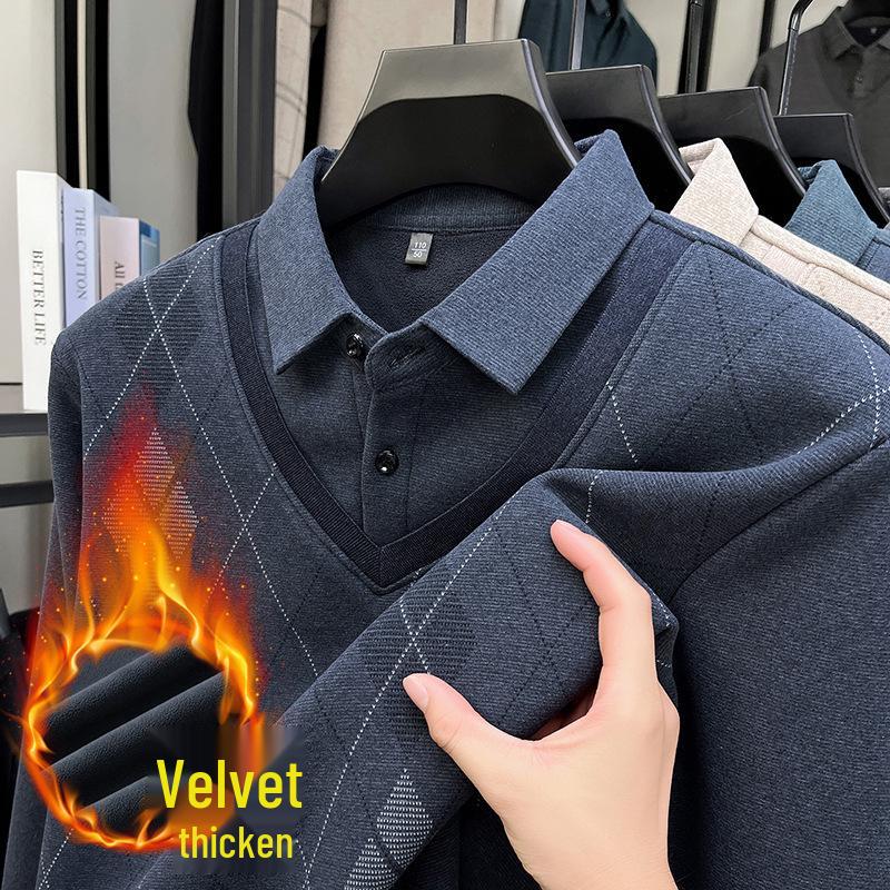 2025 Winter Men's Faux Two-Piece Sweater: New Thick Knit with Shirt Collar and Warm Velvet Layer