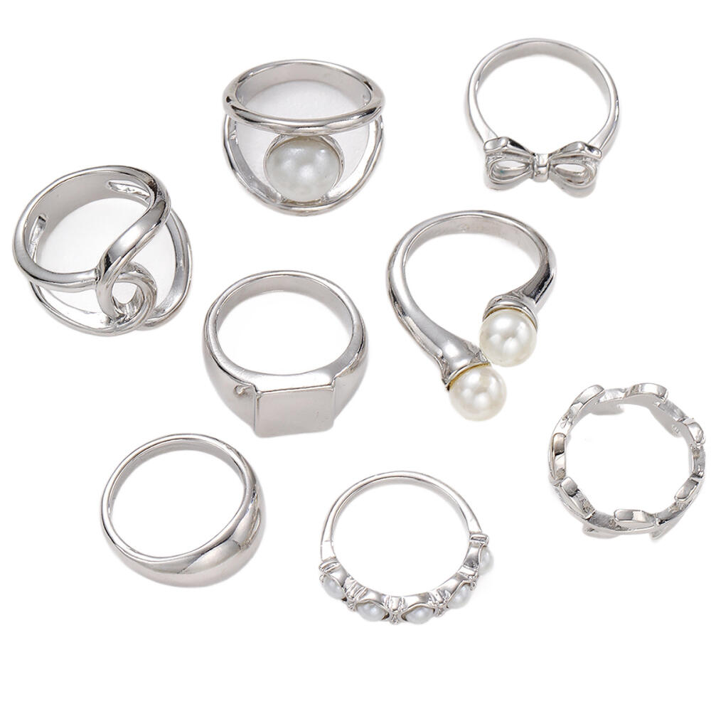 8Pcs/Set Punk Silver Color Bowknot Rings for Women Vintage Imitation Pearl Irregular Leaf Rings Set Jewelry Wholesale