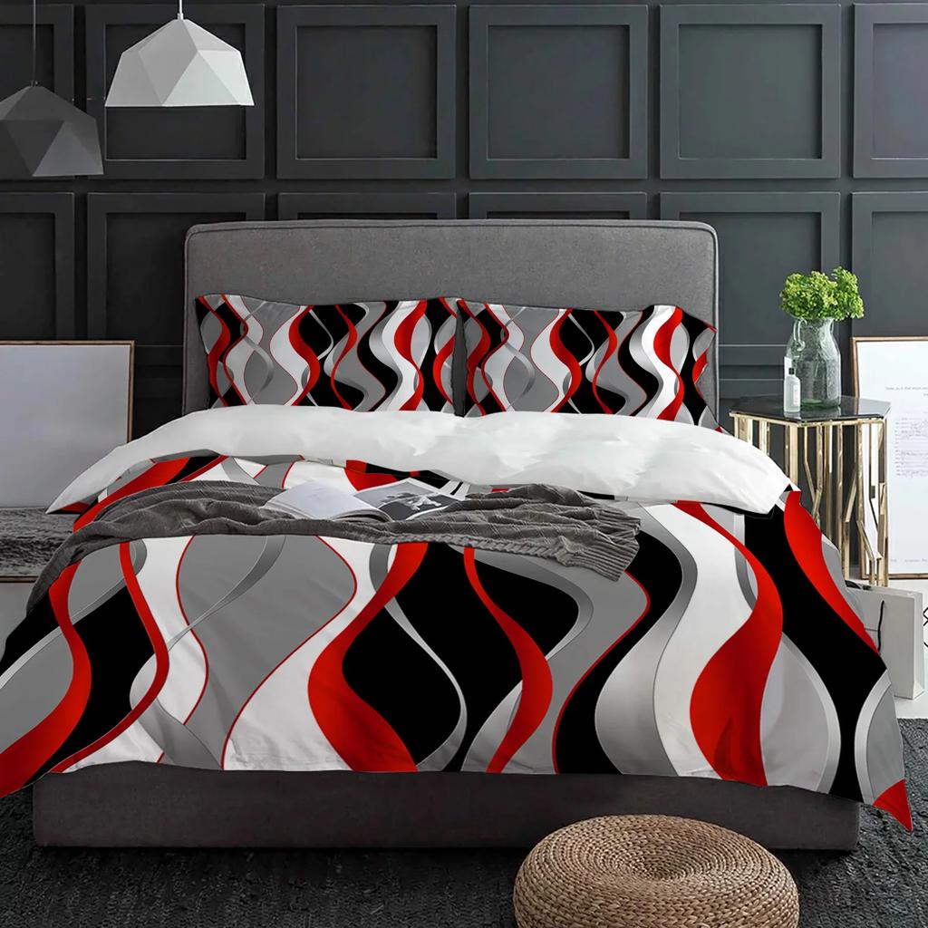 Stereo Abstract Line Gradient Red 3pcs Bedding Set For Double Bed Home Textile Duvet Cover Quilt Cover Pillowcase