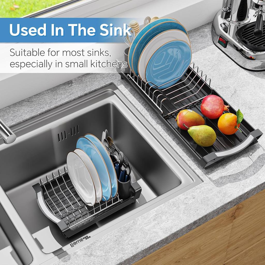 Simple Trending Small Dish Drying Rack, Compact Expandable Dish Rack with Cutlery Holder, Sink Dish Drainer for Kitchen Countertop, Black