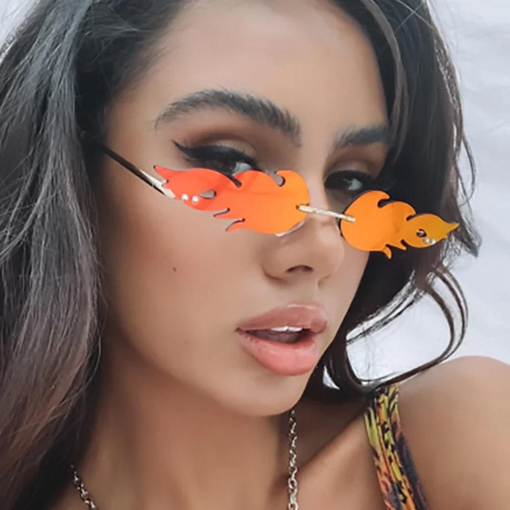 Luxury Fire Flame Sunglasses Women Vintage Rimless Wave Metal Shades UV400 Mirror Eyewear Fashion Sun Glasses