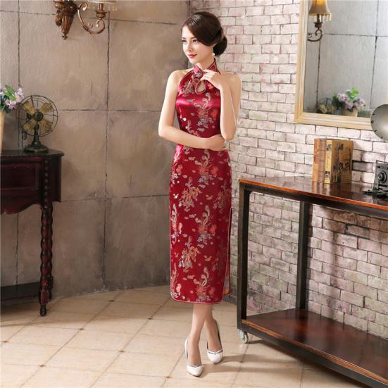 Ženy Léto Cheongsam Stojánek s límečkem Potisk na rameni Dělený lem bez zad s vyhloubeným lemem Bez rukávů Qipao Slim Fit Retro společenské šaty v čínském stylu