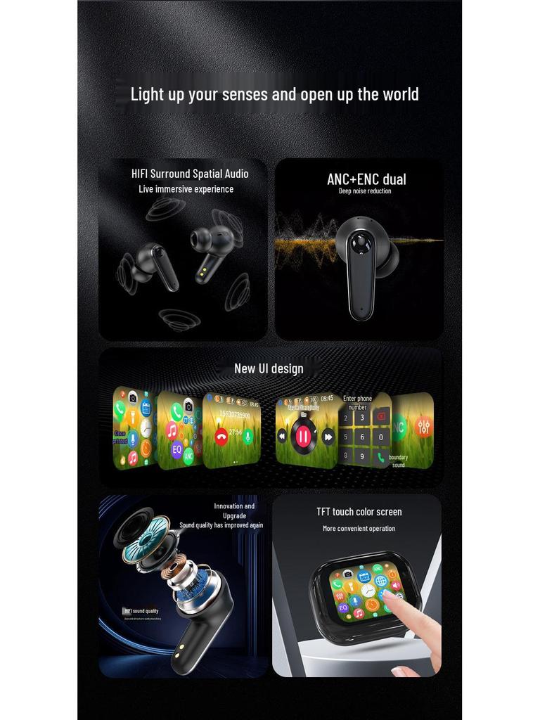 NewC11 TWS Smart Color Screen Bluetooth Earbuds with ANC+ENC Noise Cancelling, Touch Control, and Long Battery Life.