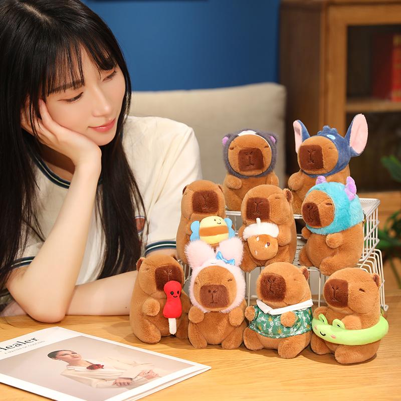12cm Kawaii Anime Capybara Plushies With Pikachu Stitch Lucifer Cat Hat Doll Stuffed Animals Capybara Plushies Girl Toys