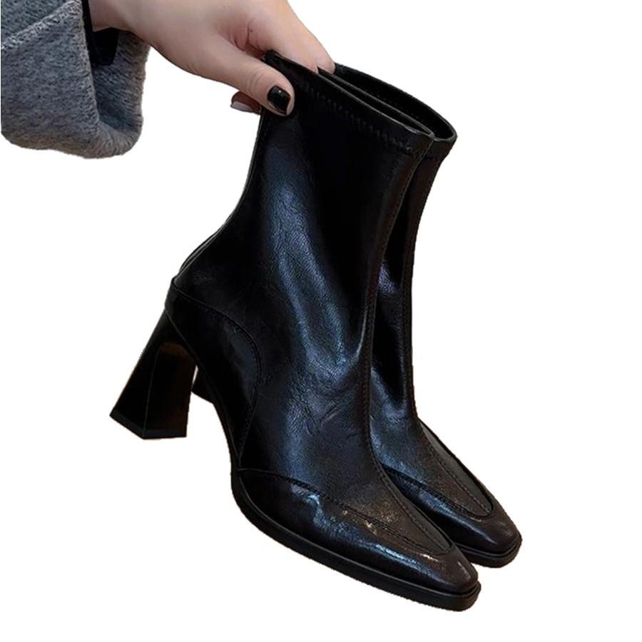 Blue Cabinet Edition~ High Heel Short Boots Women's 2025 Autumn and Winter New Black French Coarse Heel Elastic Skinny Boots Martin Boots