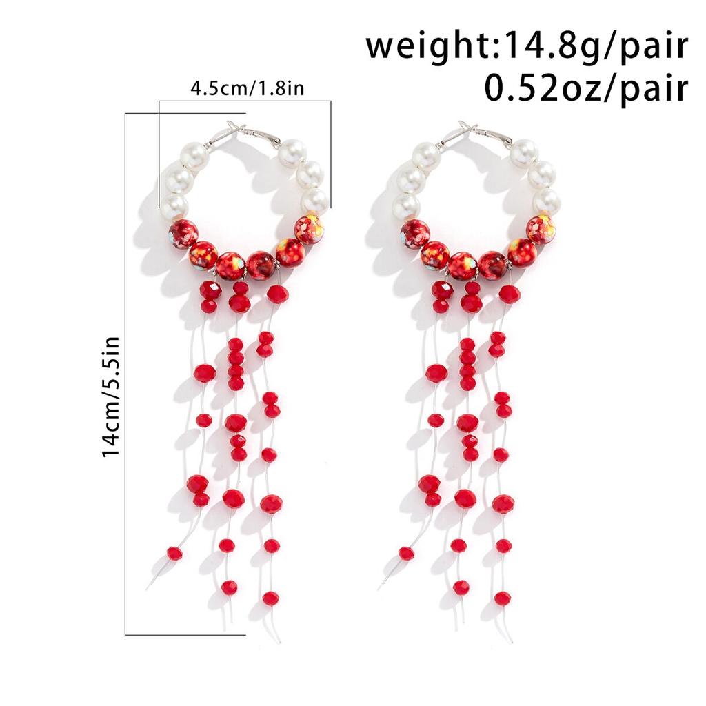 Lange Quaste Rotblutmuster Perlmutt-Ketten-Hängeohrringe für Damen Gotische Gliederketten-Hängeohrringe Halloween Schmuck Geschenk