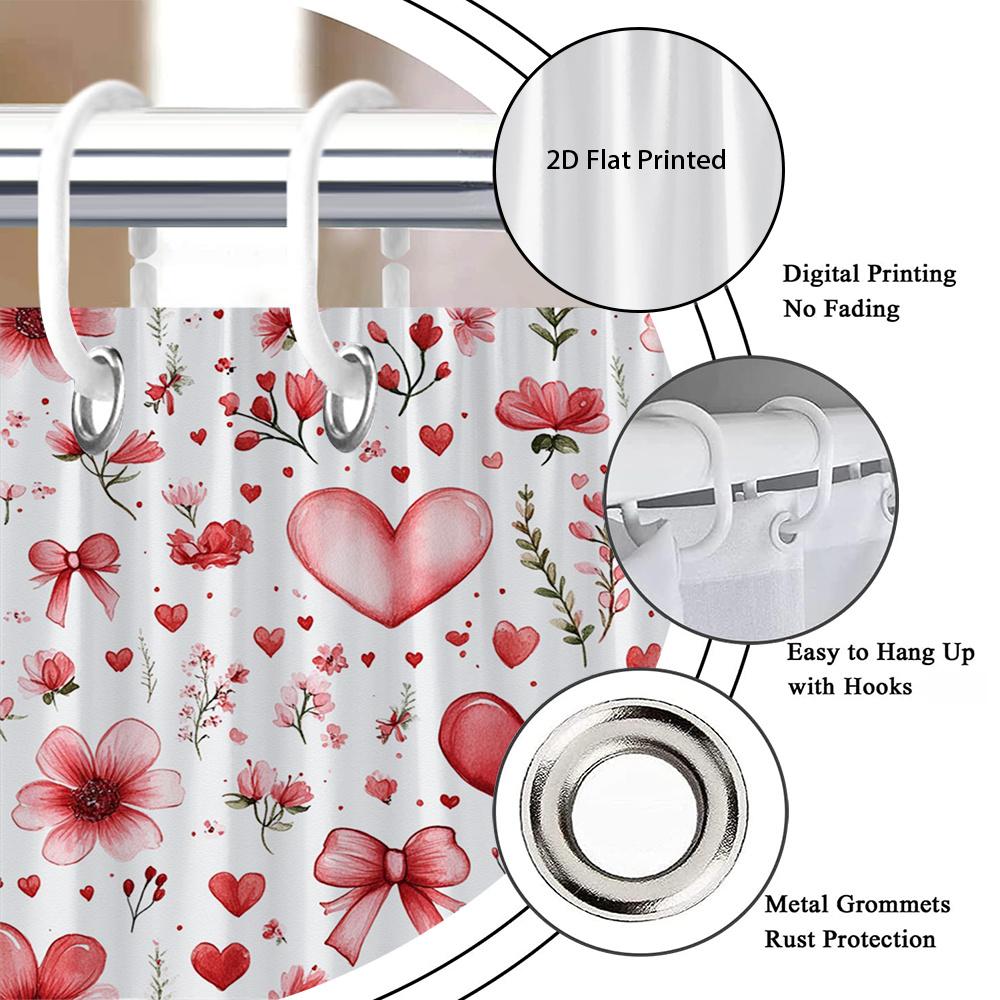 1Pc Heart-Shaped Bow Patterned Shower Curtain, Machine Washable Fabric, With Hooks, Suitable For Bathroom Decoration.