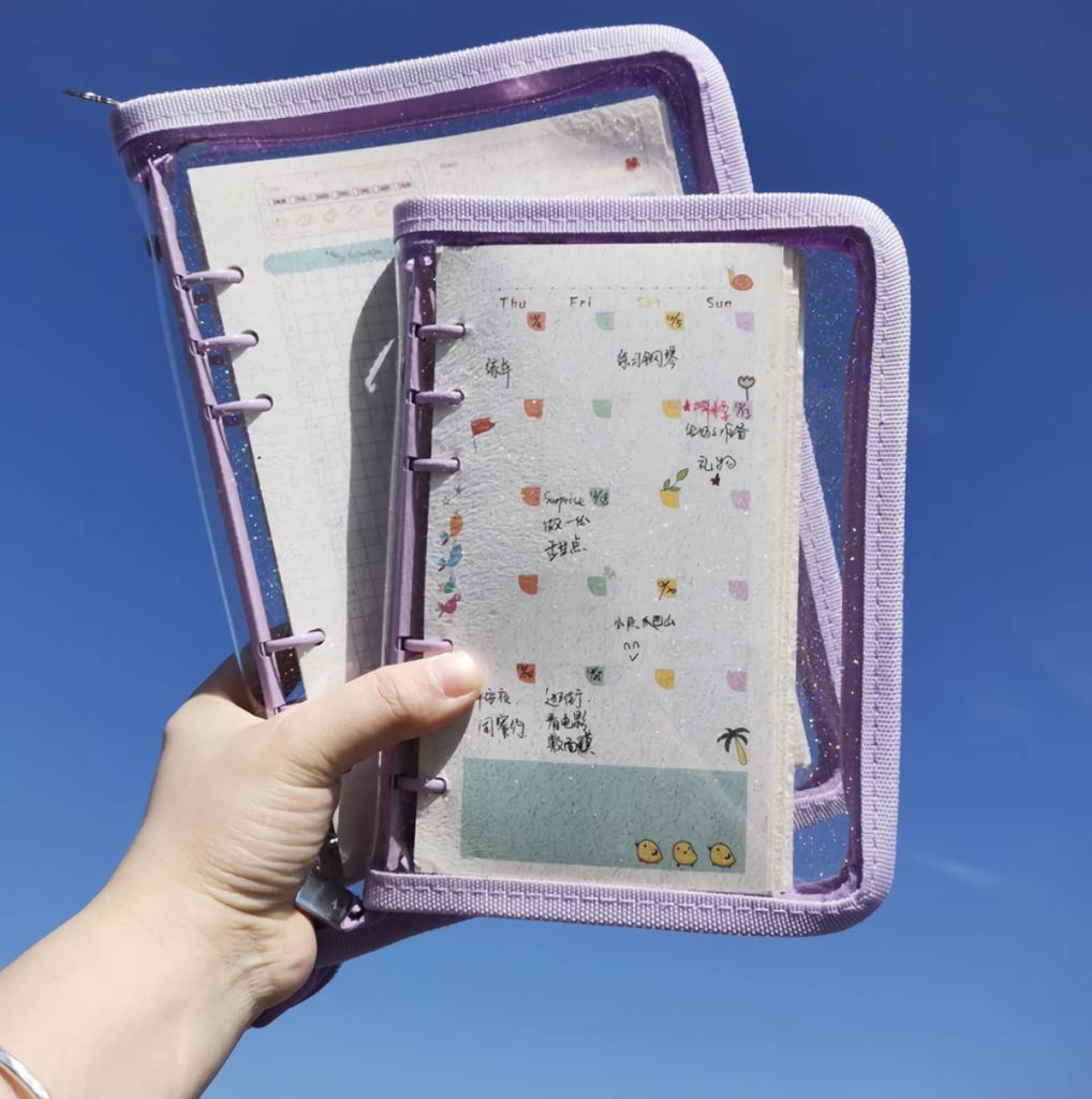 A5 A6 Clear File Binder Holder Mini Bromide Case System Notebook Refill with Glitter Korea Deco with Zipper [Donalee] 6-Hole (A5, Blue)