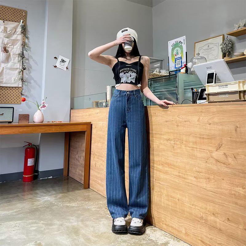 

2025 Spring/Summer Women s Plus Size Striped Wide-Leg Jeans - Light Color, Loose, Floor-Length Design XL синій