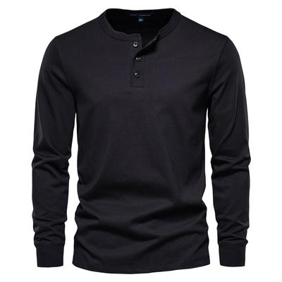 Camiseta Henley Gola 100% Algodão Masculina Casual Cor Sólida Manga Longa Top Tees Masculino Novo Outono Alta Qualidade Camisetas Masculinas