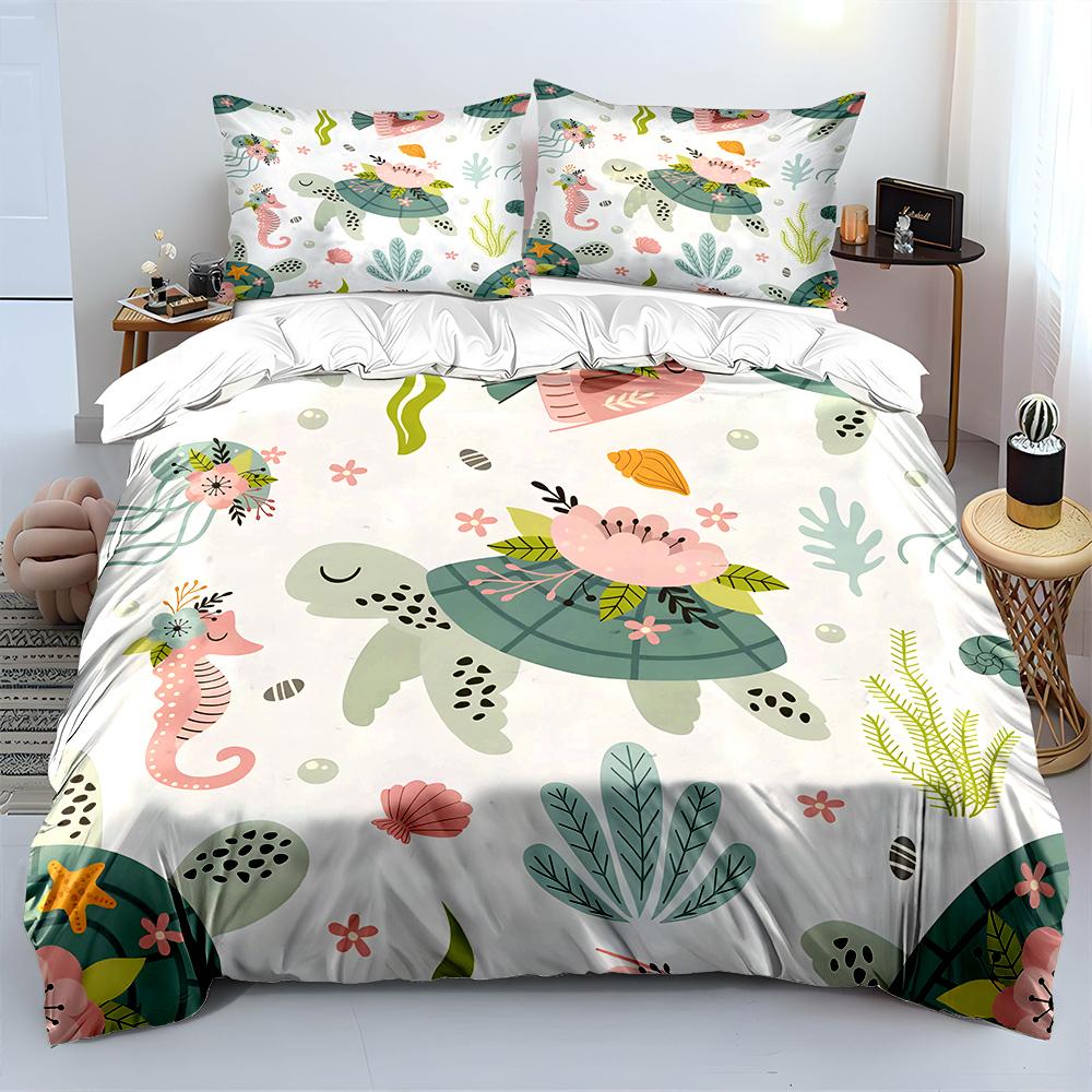 Marine Animals with Floral Decorations Bedding Set for Kids Luxury Gift 3pcs Digital Print Comforter Set Soft Comfortable