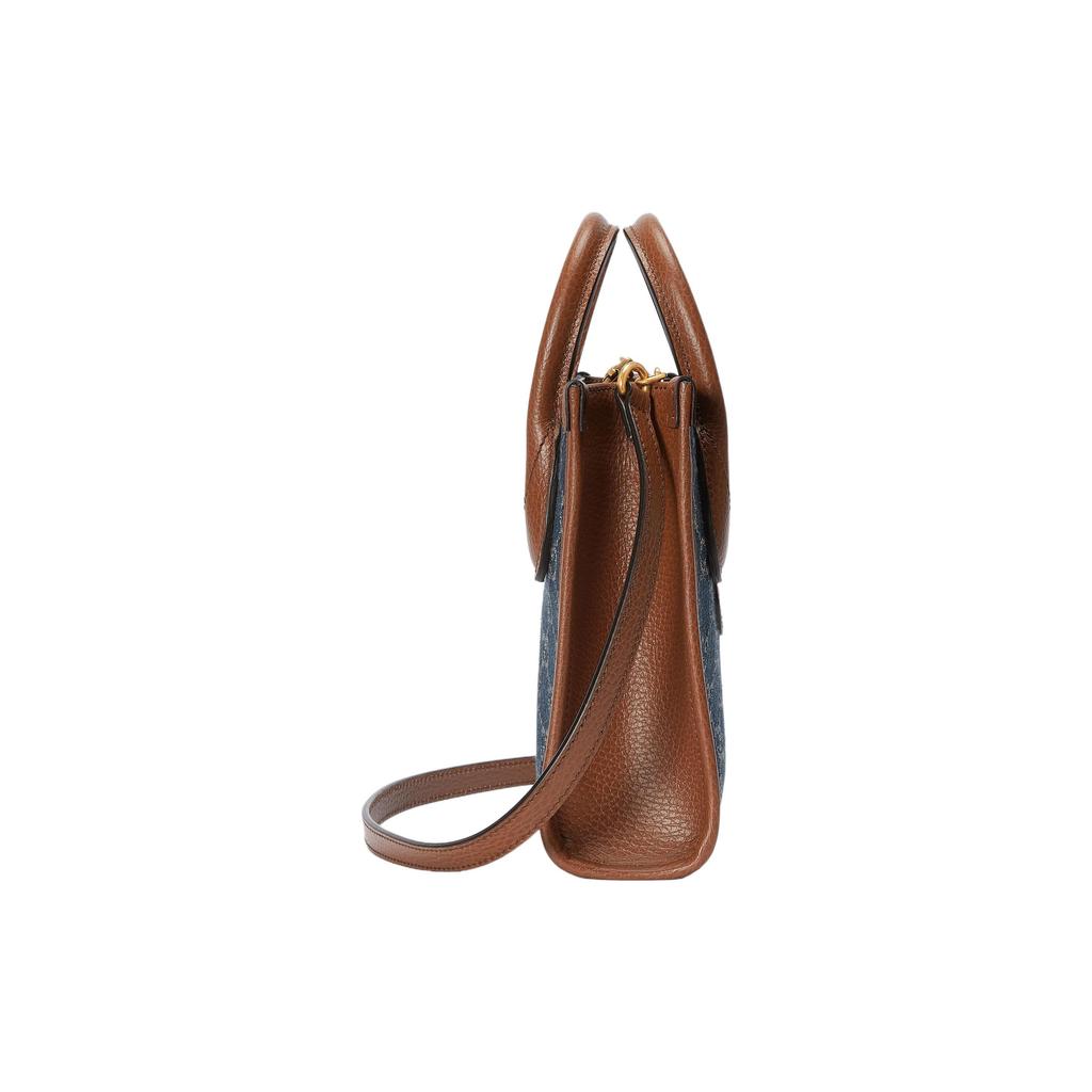 Gucci GG Blue Jacquard Mini Tote Bag, Brown Leather Trim, Women's Crossbody Shoulder Bag for Daily Work Travel 671623-2KQGT-8375