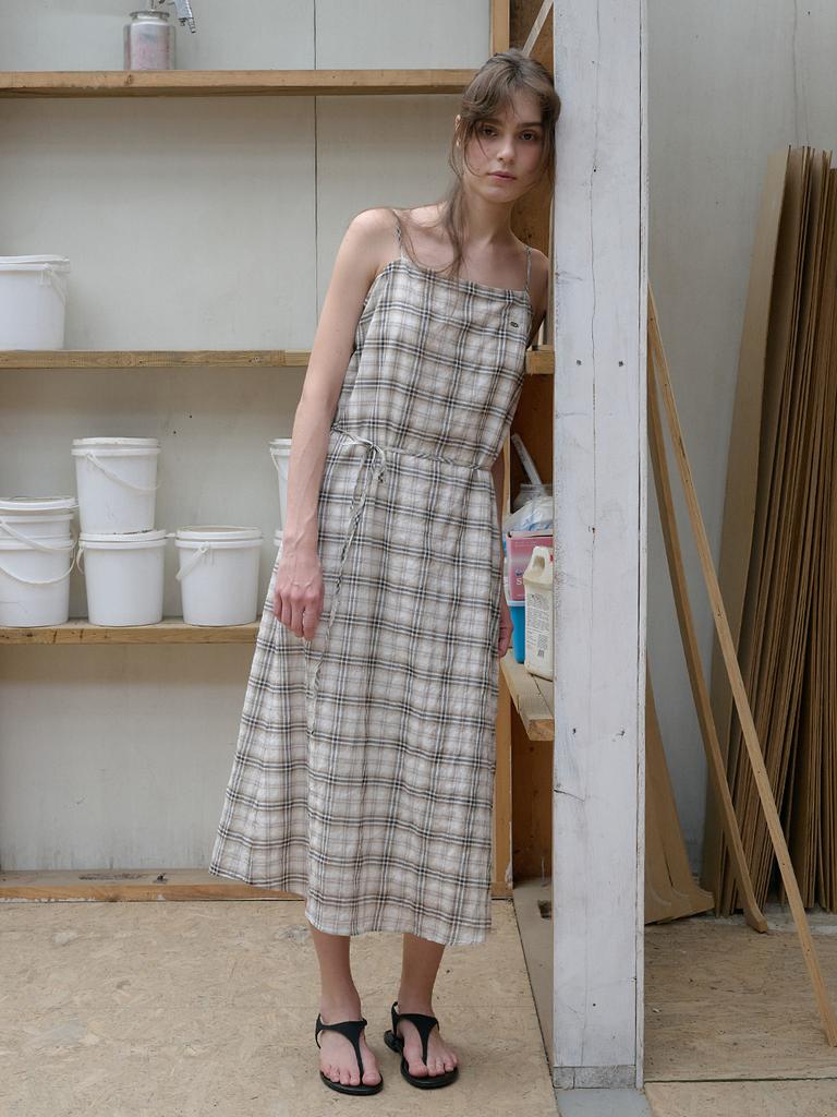 Elssibeui Cotton Plaid Check Strap Dress_Ivory