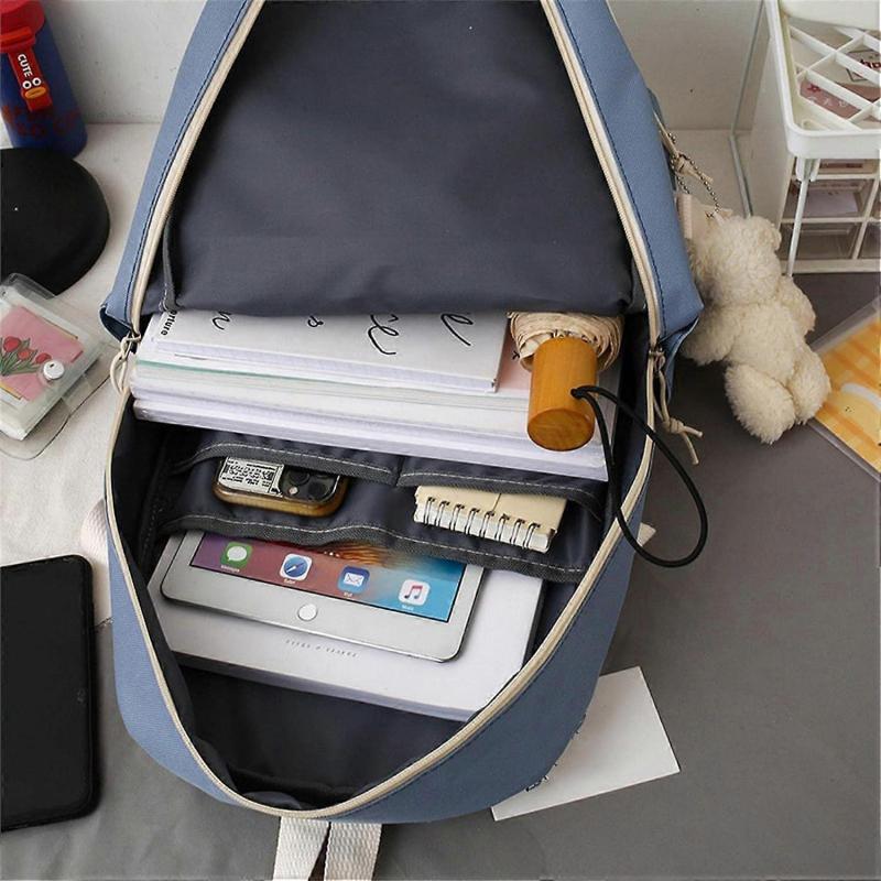 5Pcs Kawaii Backpack Casual Bags Cute Aesthetic Backpacks with Tote Handbag Pencil Pen Case Pouch,with Cute Bear Pendant Pins (Blue)