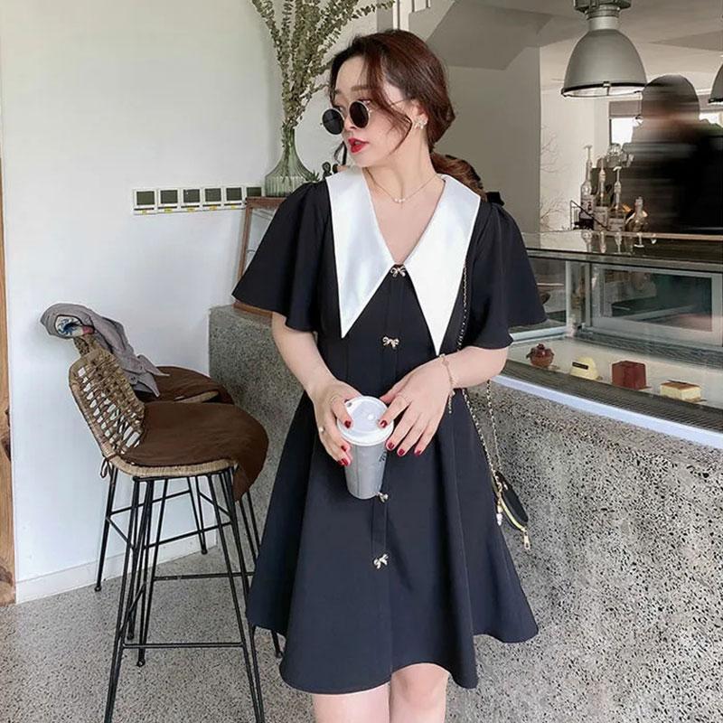 Summer Korean Style Dress Women's Plus Size Dress French Retro Doll Collar  Dress Student Waist Slim Cute Dress Sexy Black Dresses  buy at low prices  in the Joom online store