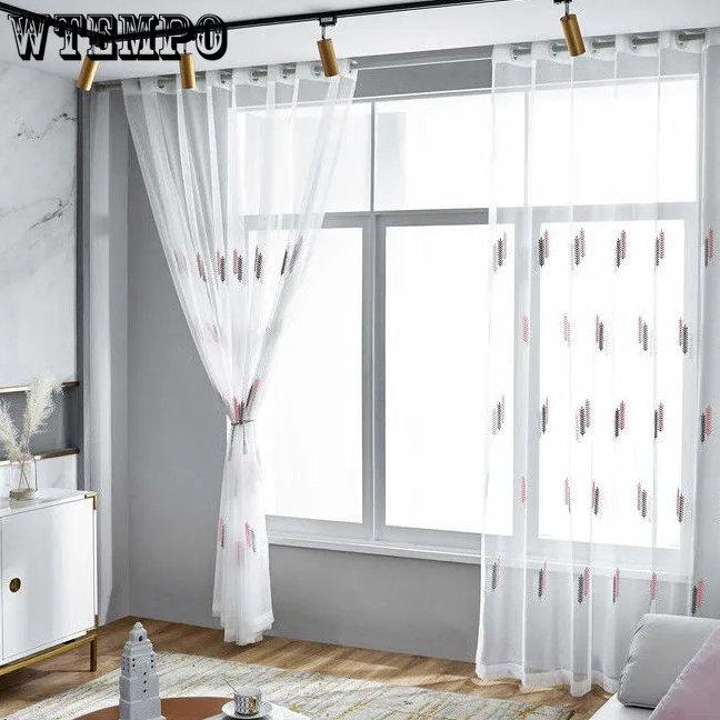 WTEMPO 2PCS Embroidered Window Screen Curtains Nordic Finished Bay Window Screens Bedrooms Living Rooms Mosquito Proof Simple Modern Gauze Curtains