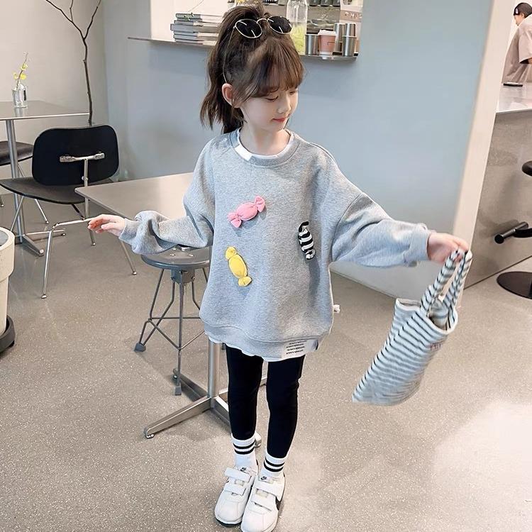 2024 New Style Gray Long-Sleeve Sweatshirt for Girls - Wide Fit, Perfect for Spring and Autumn