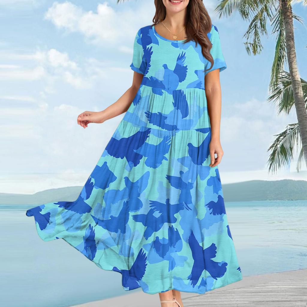 Women's Casual Loose Bohemian Floral Print Short Sleeve Dress