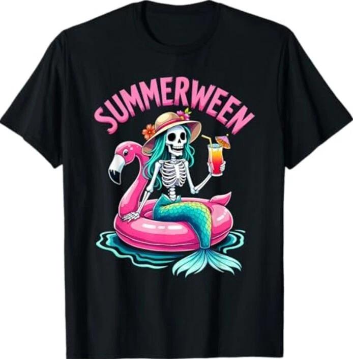 Summerween Mermaid Skeleton Beach Flamingo Halloween Girl T-Shirt 3XL