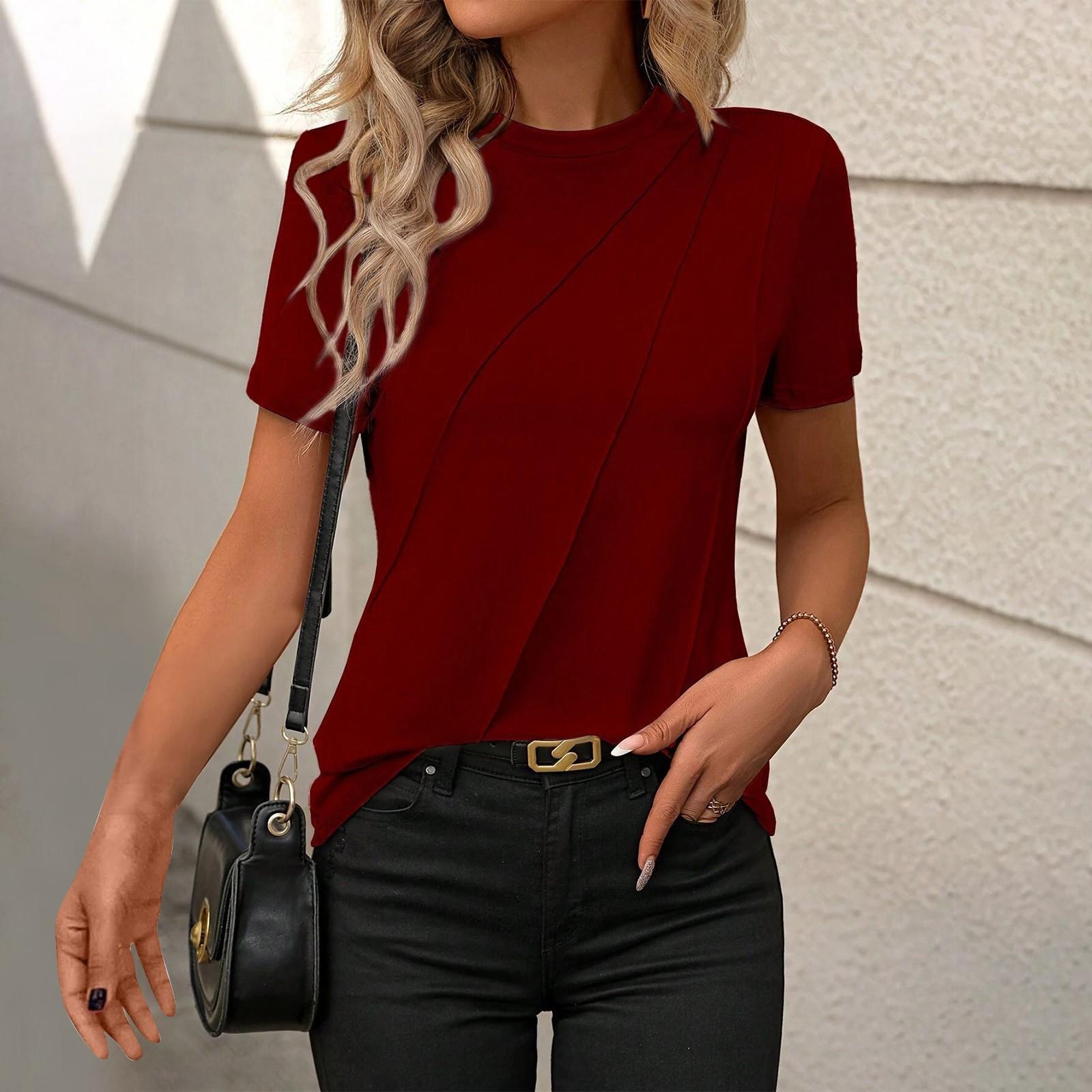 

Жіночі модні повсякденні щоденні універсальні вільні літні топи з короткими рукавами та текстурованим коміром M винний