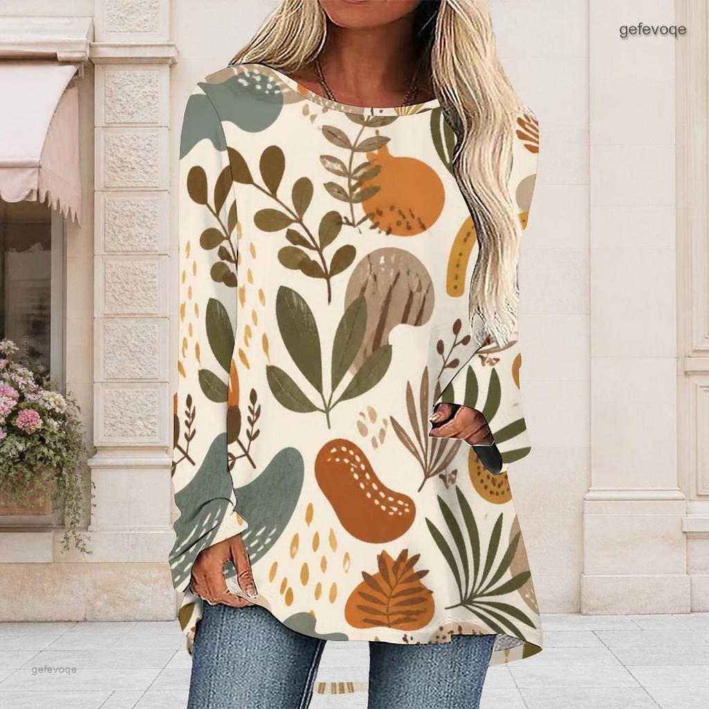 Women Plus Size Round Neck Long Sleeve Paisley Floral Printed Loose High Low Hem T Shirt