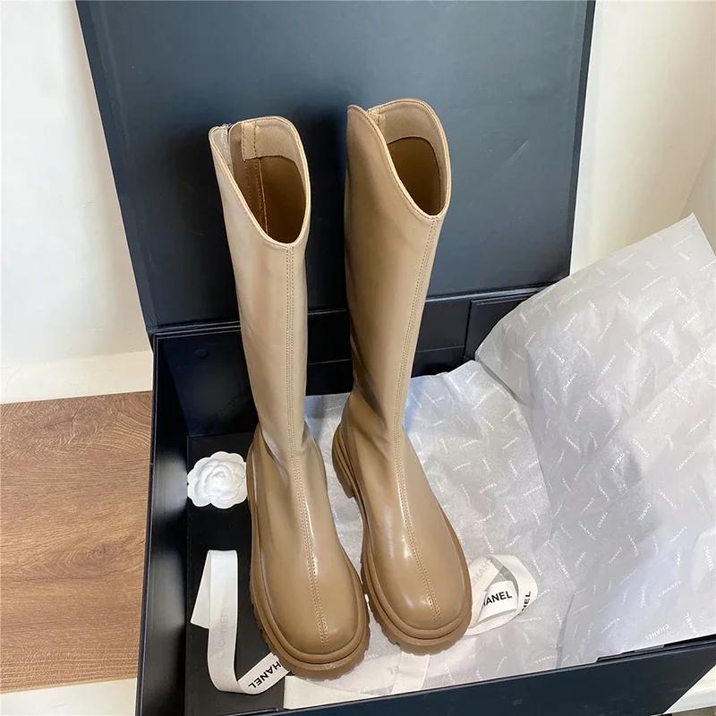 Vintage Women Knee High Boots Fashion Soft Leather Knight Long Boots Autumn Winter Ladies Platform Thick Bottom Shoes