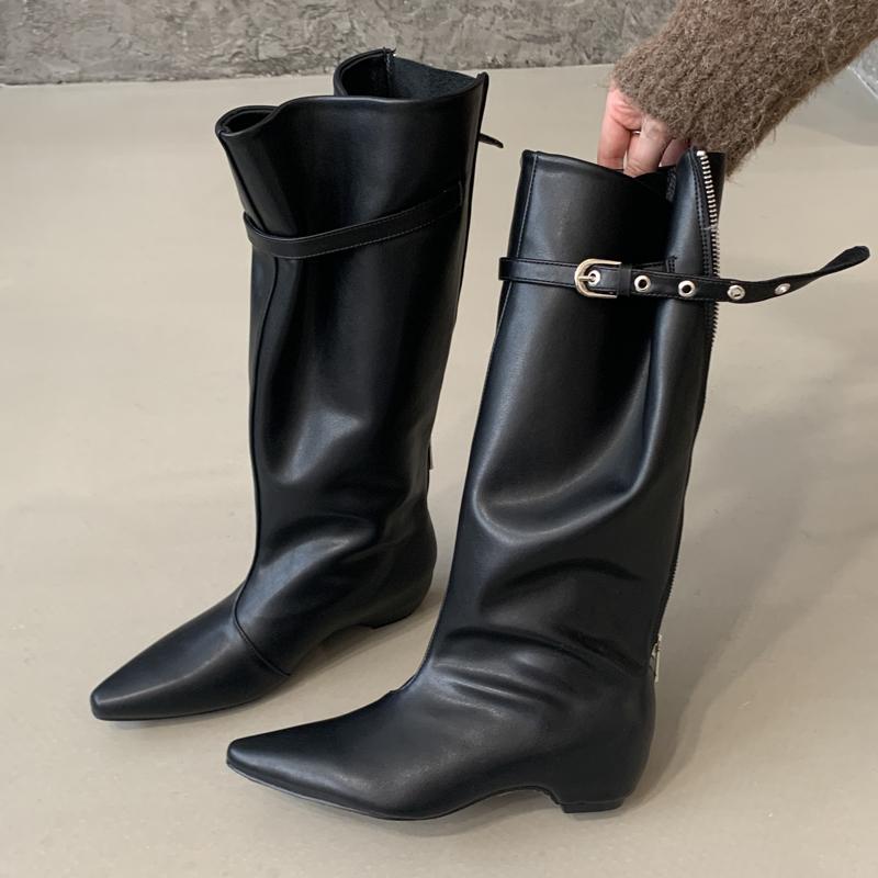 

Eilyken Зимние ботфорты женские модные с острым носком на низком каблуке на молнии элегантные с ремешком с пряжкой удобная обувь 35