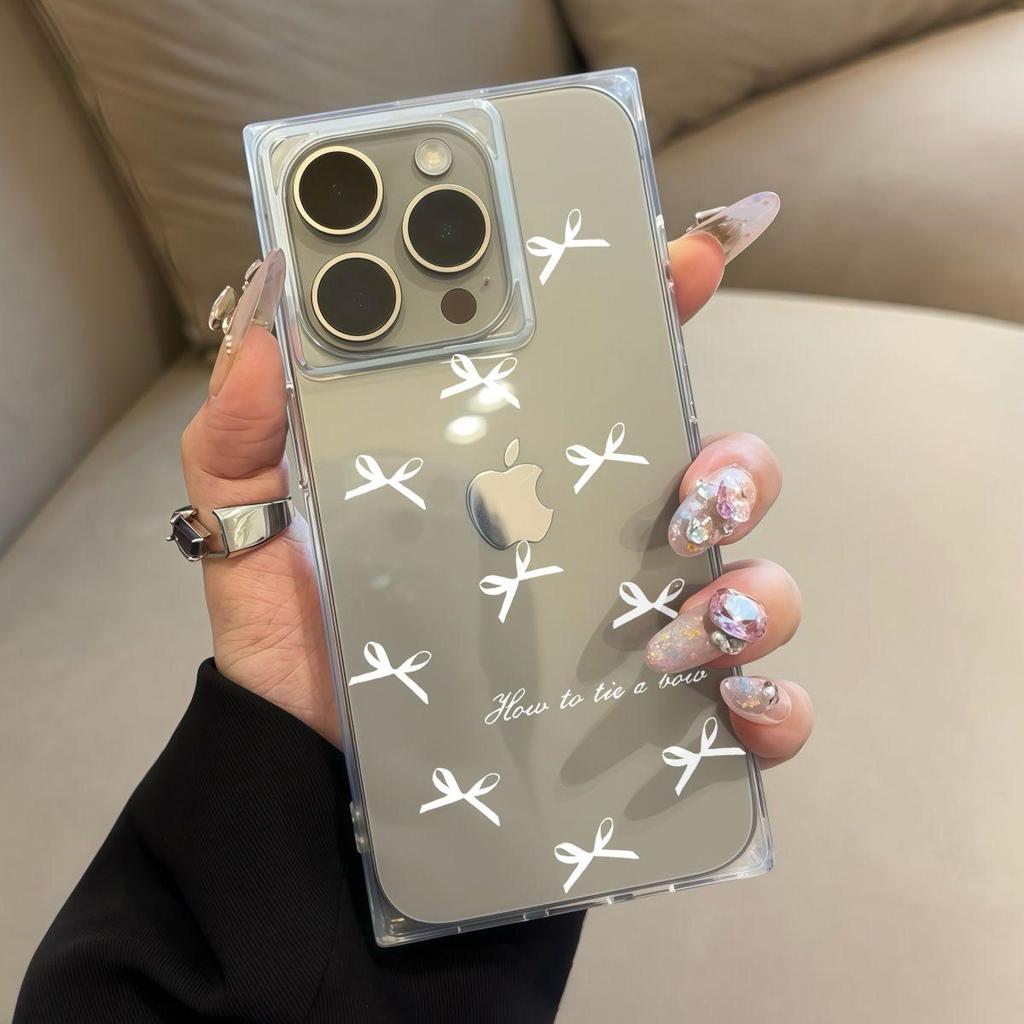Square Back Tube Protection Clear Case For iPhone 16 ProMax 12 13 15 Plus 14 Pro Max 11 Anti-Oxygen,White Bow Tie Pattern Casing