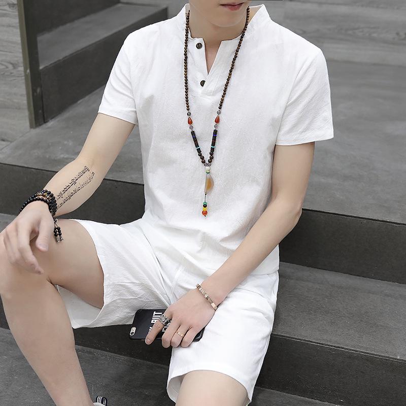 Men's Retro Chinese-Style Short Sleeve Cotton Linen Two-Piece Summer Hanfu Suit
