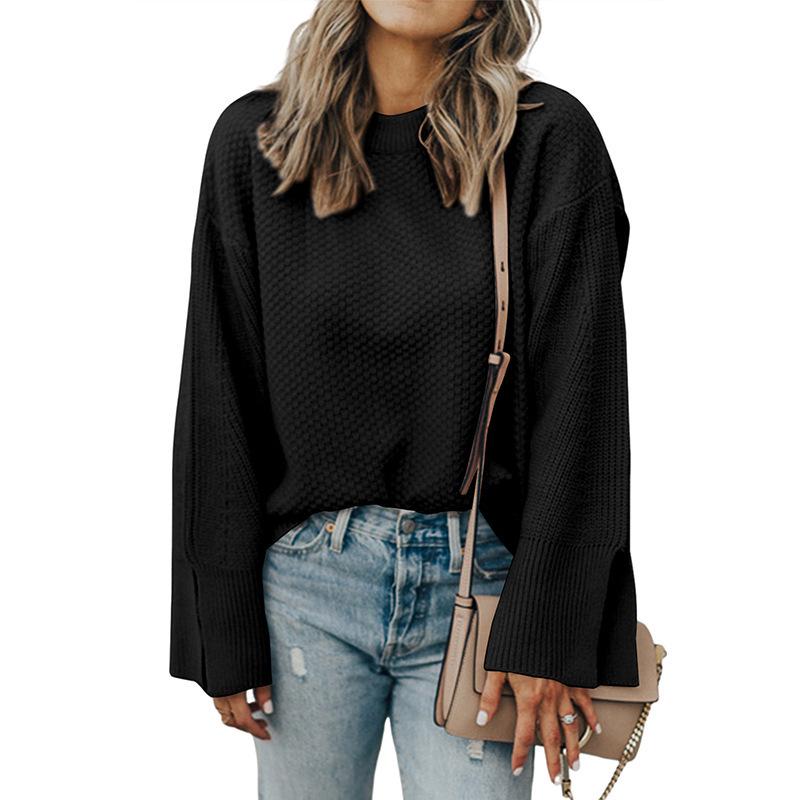 Women's 2025 Autumn Solid Color Pullover Round Neck Long Sleeve Sweater - Versatile European American Fashion