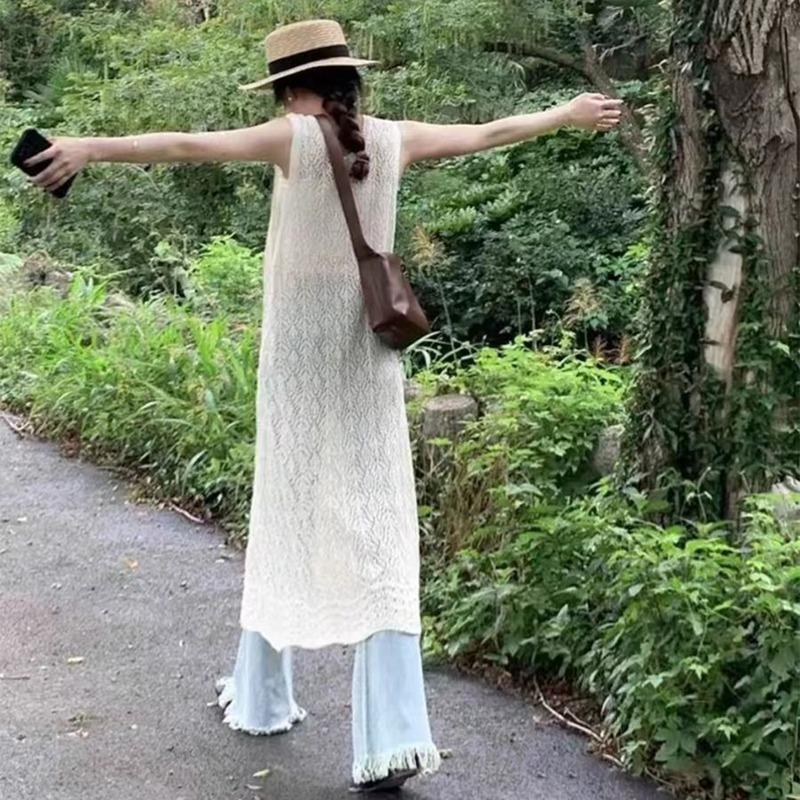 Fashion Knitted Cardigan Sleeveless Lace Dress Retro Hollow Out Sun Protection Women Cross Covers Up Summer Elegant Top Thin Korean Shirt Clothing
