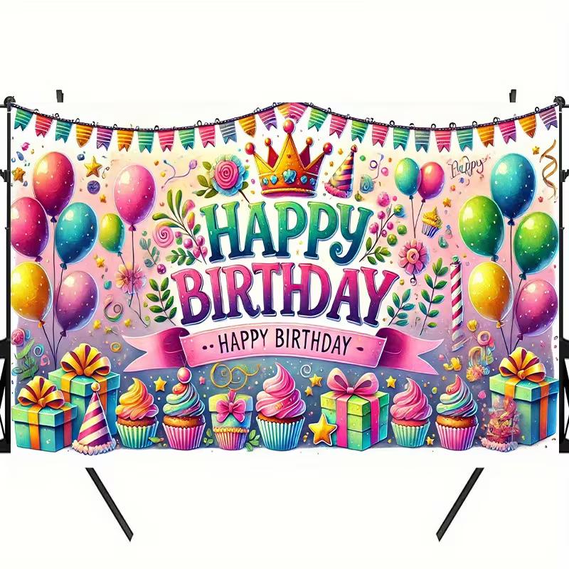 2D Happy Birthday Banner Backdrop Pastel Balloon Gift Box Party Decoration Prop