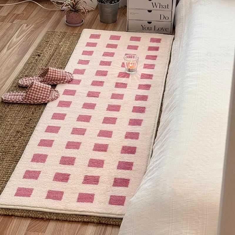 Bedroom Carpet Bedside Long Floor Mat Blue Plaid Carpets Soft Fluffy Foot Mats Minimalist Home Decoration Rug for Living Room