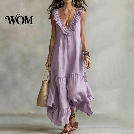 Mid-length Loose Dress Women's Deep V Neck Ruffle Trim Maxi Dress, Sleeveless Fit Flowy Beach Sundress, Summer Casual Tiered A-line Long Women