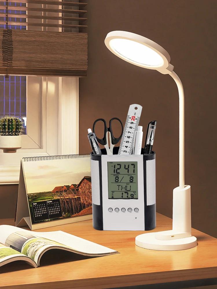 Portapenne con calendario perpetuo, base antiscivolo, visualizzazione data e ora, rilevamento temperatura, portapenne con orologio decorativo da tavolo