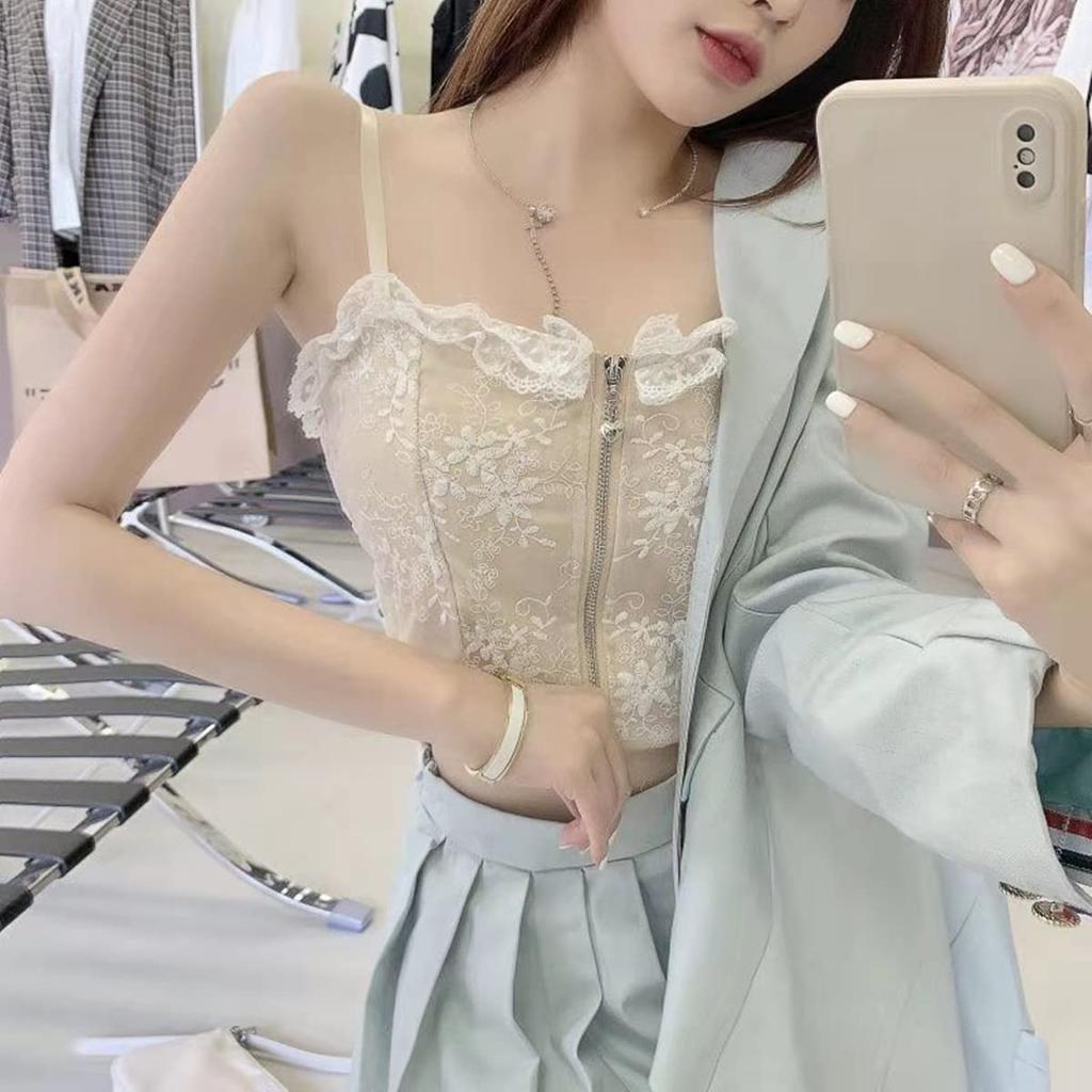 Weuiean Lace Camisole Top with Zippered Lace Tube Tank One Size Fits Women's Cups, Camisole, Top, Top, Most, LSL-013 (White)