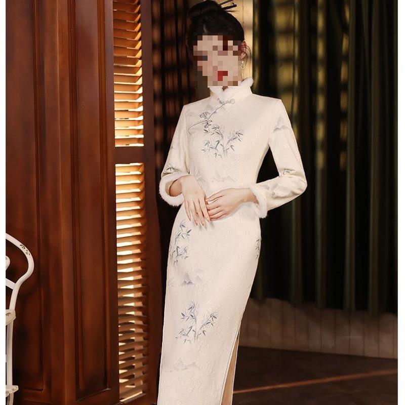 Women's Long Sleeve Fleece-Lined Qipao Dress - Winter/Autumn Style