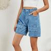 Washed Elastic Waist Workwear Casual Denim Shorts for Summer