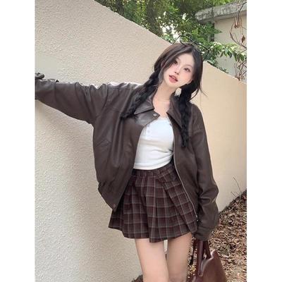 Women's High-End Retro PU Leather Coffee Jacket - Slimming, Windproof, Long Sleeve, Motorcycle Style.