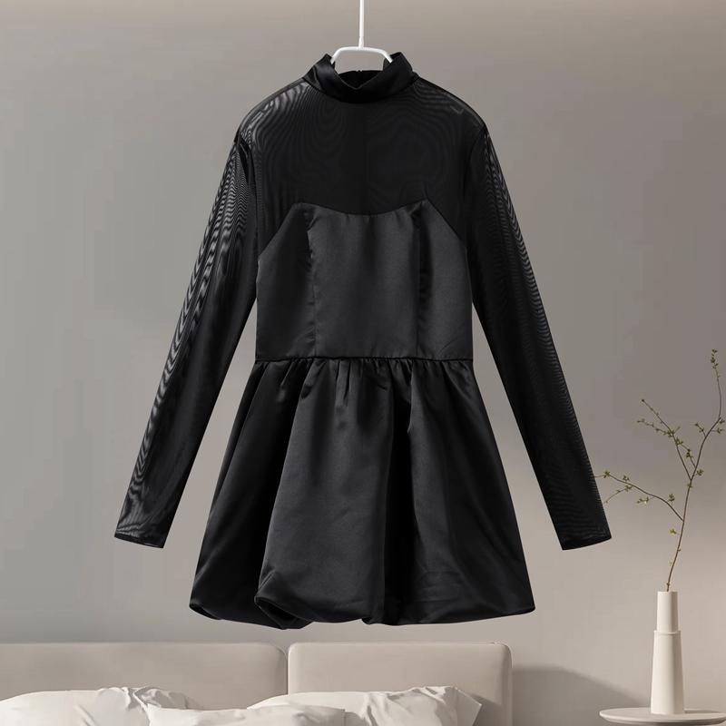 

Элегантные кружевные платья женские прозрачные пышные платья с длинными рукавами женские 2025 модные однотонные вечерние платья А-силуэта женские M чёрный