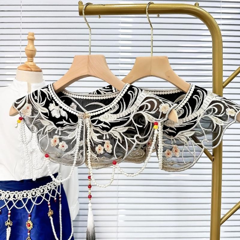 Damen Faux-Kragen mit Perlenketten-Quasten Vintage Stickerei Chinesisch Schwarz Falscher Kragen Schal Capelet mit Perlen Quasten