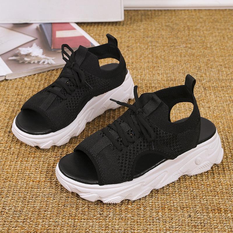 Spring and Summer New Wedge Heel Sandals Women's Flying Woven Breathable Mesh Hollow Muffin Fish Mouth Sandals