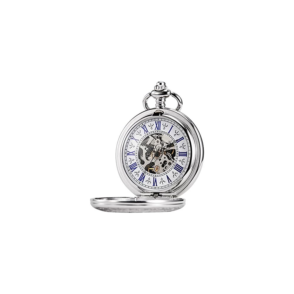 Treeweto Classic Mechanical Pocket Watch Antique Skeleton Roman Numerals Silver with Chain
