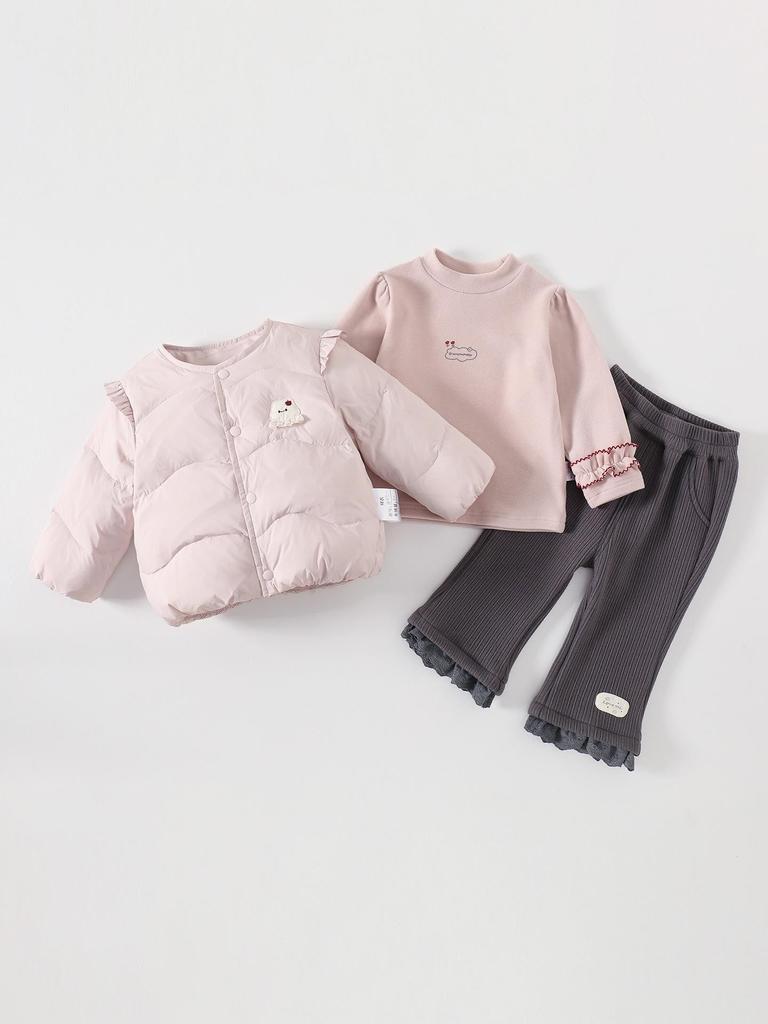 Korean Girls' Lightweight Feather Jacket & Long Sleeve Base Layer with Long Pants - Autumn/Winter Toddler Three-Piece Set