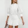 Summer Cotton and Linen White Small Stand-up Collar Five-quarter Sleeve Slim-fitting High-waisted Short Skirt Two-piece Set European and American 